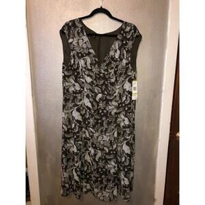 Jones New York Office Preppy Academia Black Gray Faux Wrap Sleeveless Dress